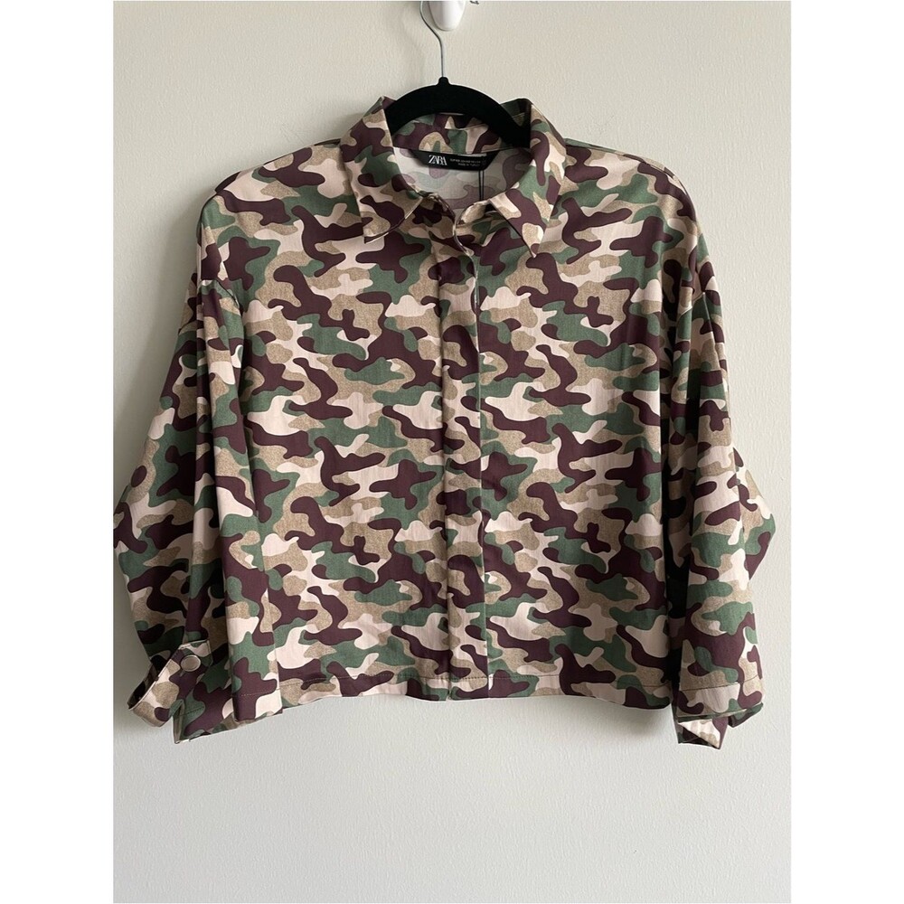 Zara camo cropped boxy button up shirt wide 3/4 sleeve XS